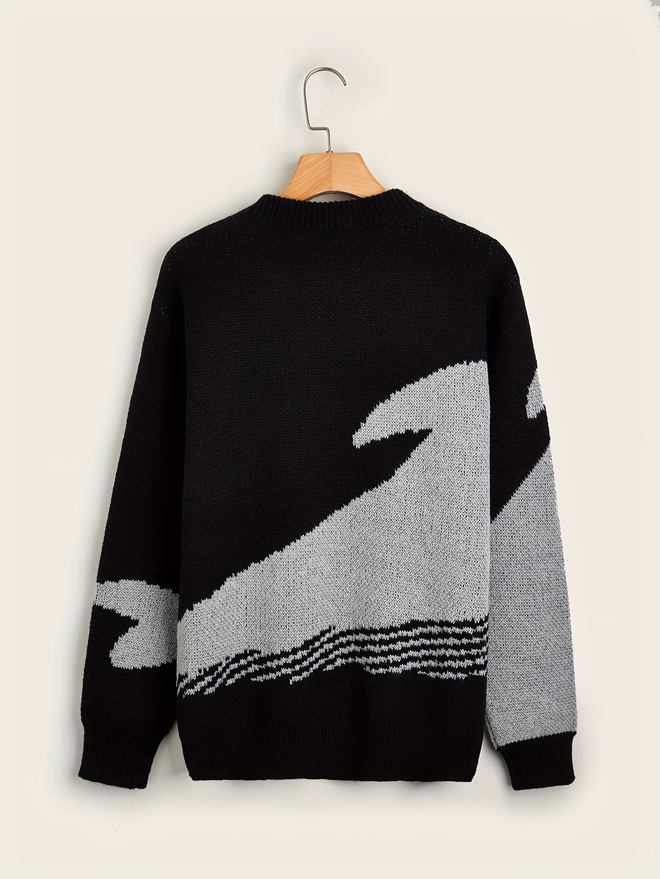 Sixsr Cartoon Whale Print, Loose Fit Warm Sweater, Men's Casual Retro Style Slightly Stretch Crew Neck Pullover Sweater For Fall Winter