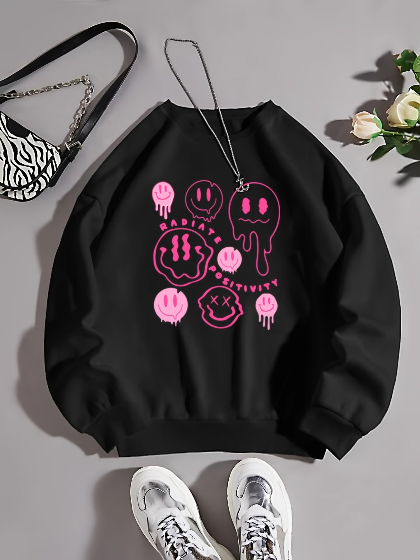 Sixsr Valentine's Day Smile Print Crew Neck Pullover, Casual Fashion Loose Long Sleeve Sweatshirt, Women's Clothing