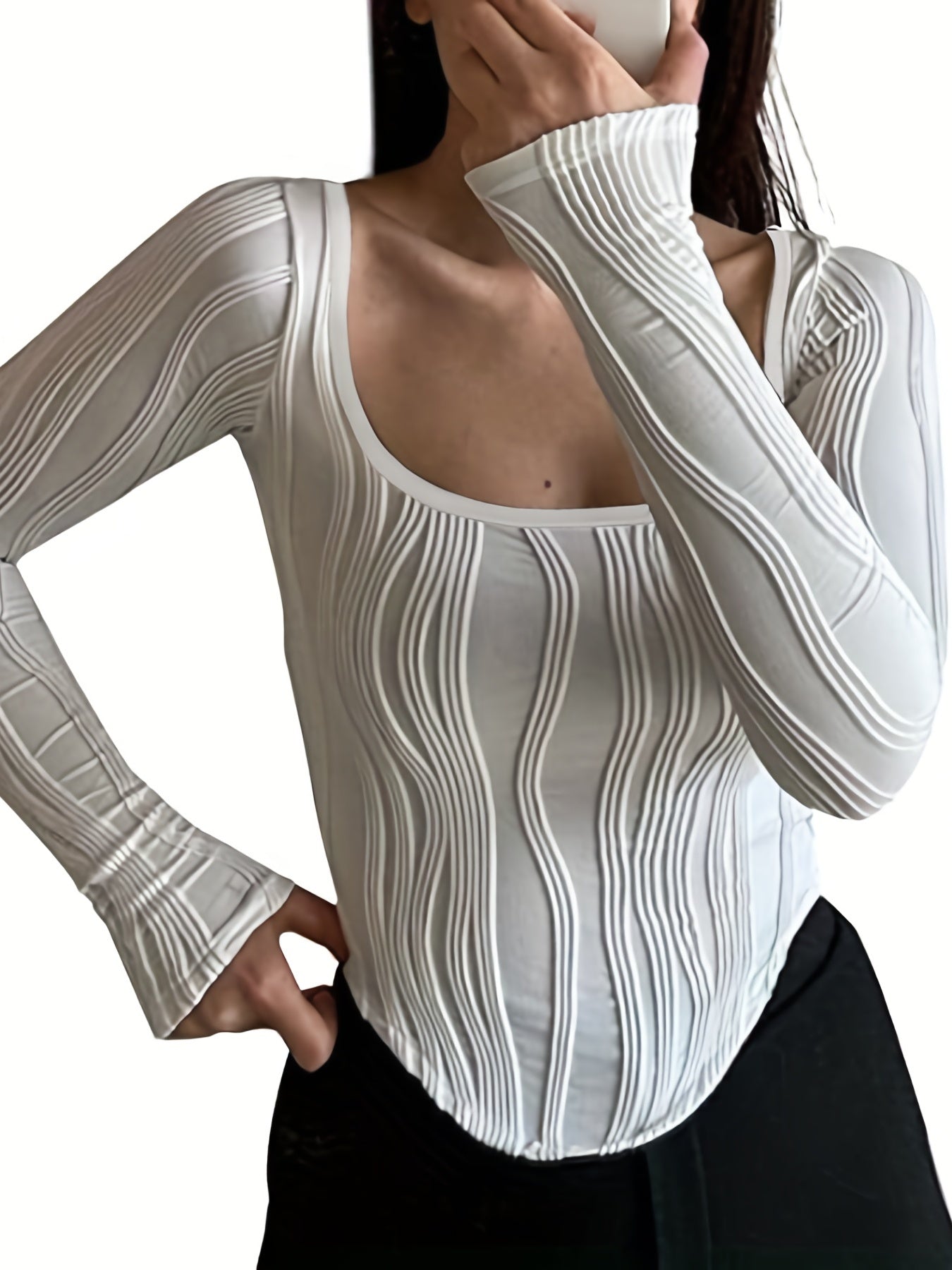 Sixsr Textured Hanky Hem T-Shirt, Y2K Square Neck Long Sleeve Top For Spring & Fall, Women's Clothing