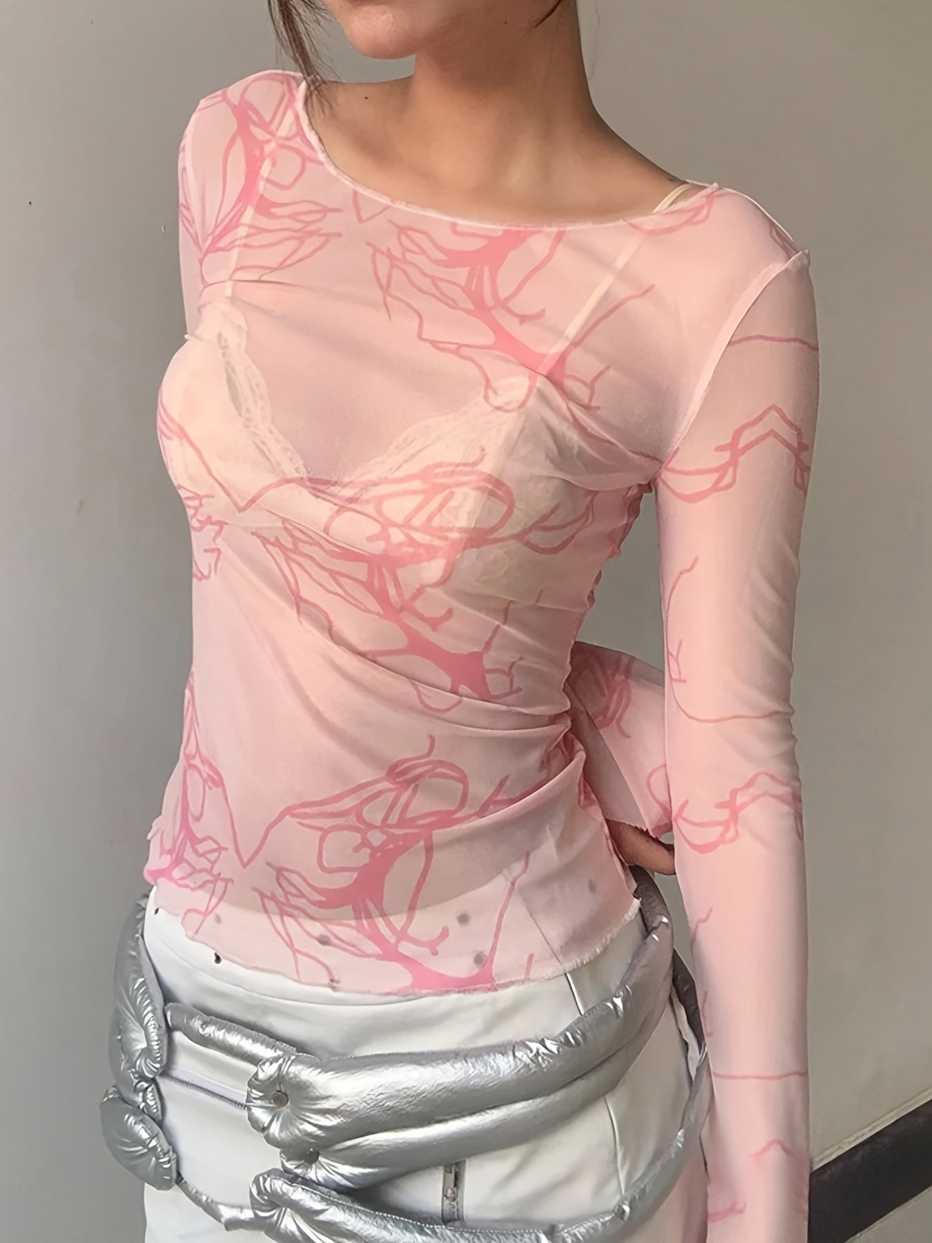 Sixsr Floral Pattern Mesh Crew Neck T-Shirt, Casual Long Sleeve Top, Women's Clothing