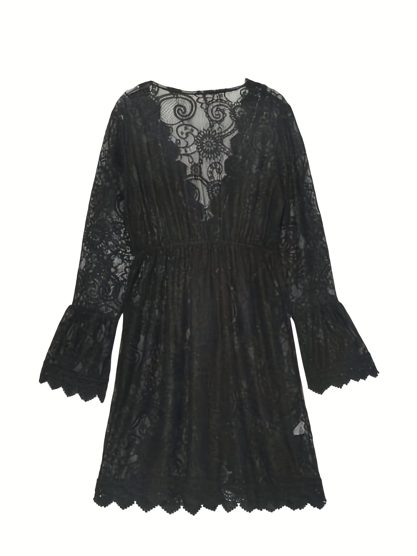 Plunging V-neck Scallop Trim Lace Dress, Sexy Beach Wear Cover Up Dress, Women's Clothing