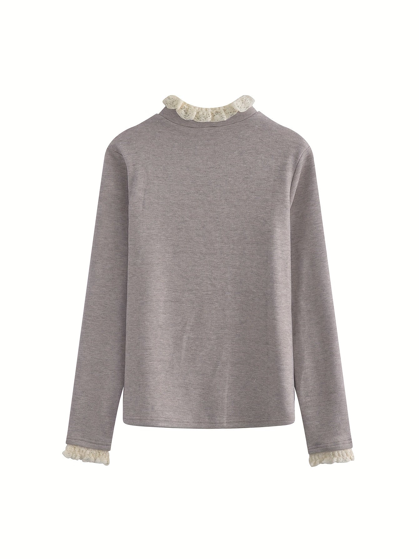 Sixsr Contrast Lace Mock Neck T-Shirt, Casual Long Sleeve T-Shirt For Spring & Fall, Women's Clothing