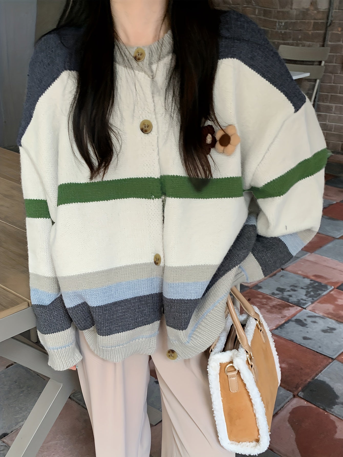 Sixsr Striped Button Front Cardigan, Casual Long Sleeve Drop Shoulder Outwear, Women's Clothing