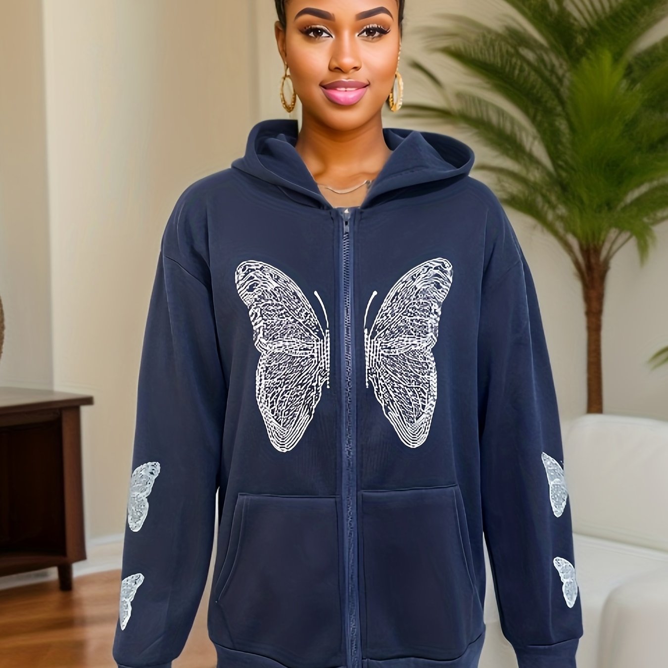 Sixsr Y2K Butterfly Print Sweatshirt, Long Sleeve Crew Neck Zip Up Hoodies Sweatshirts, Casual Tops For Fall & Winter, Women's Clothing