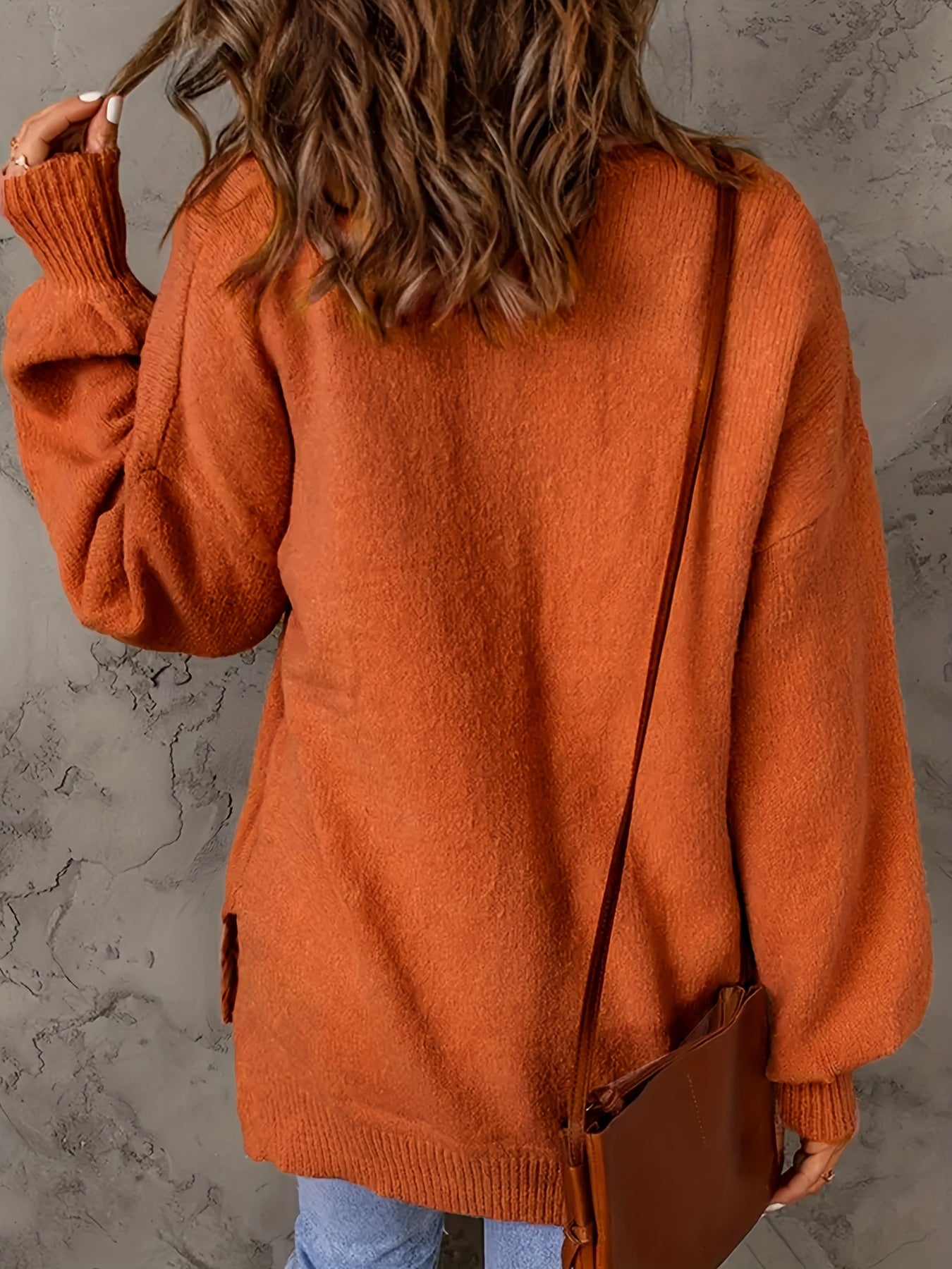 Sixsr Plus Size Casual Sweater, Women's Plus Solid Lantern Sleeve Round Neck Medium Stretch Jumper