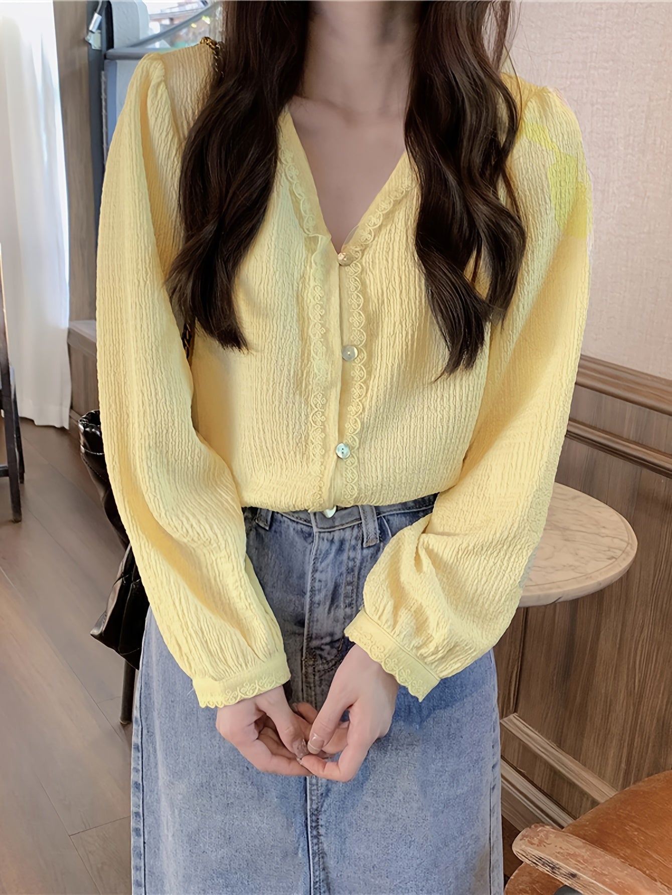 Sixsr Contrast Lace Solid Blouse, Casual V Neck Button Front Long Sleeve Blouse, Women's Clothing