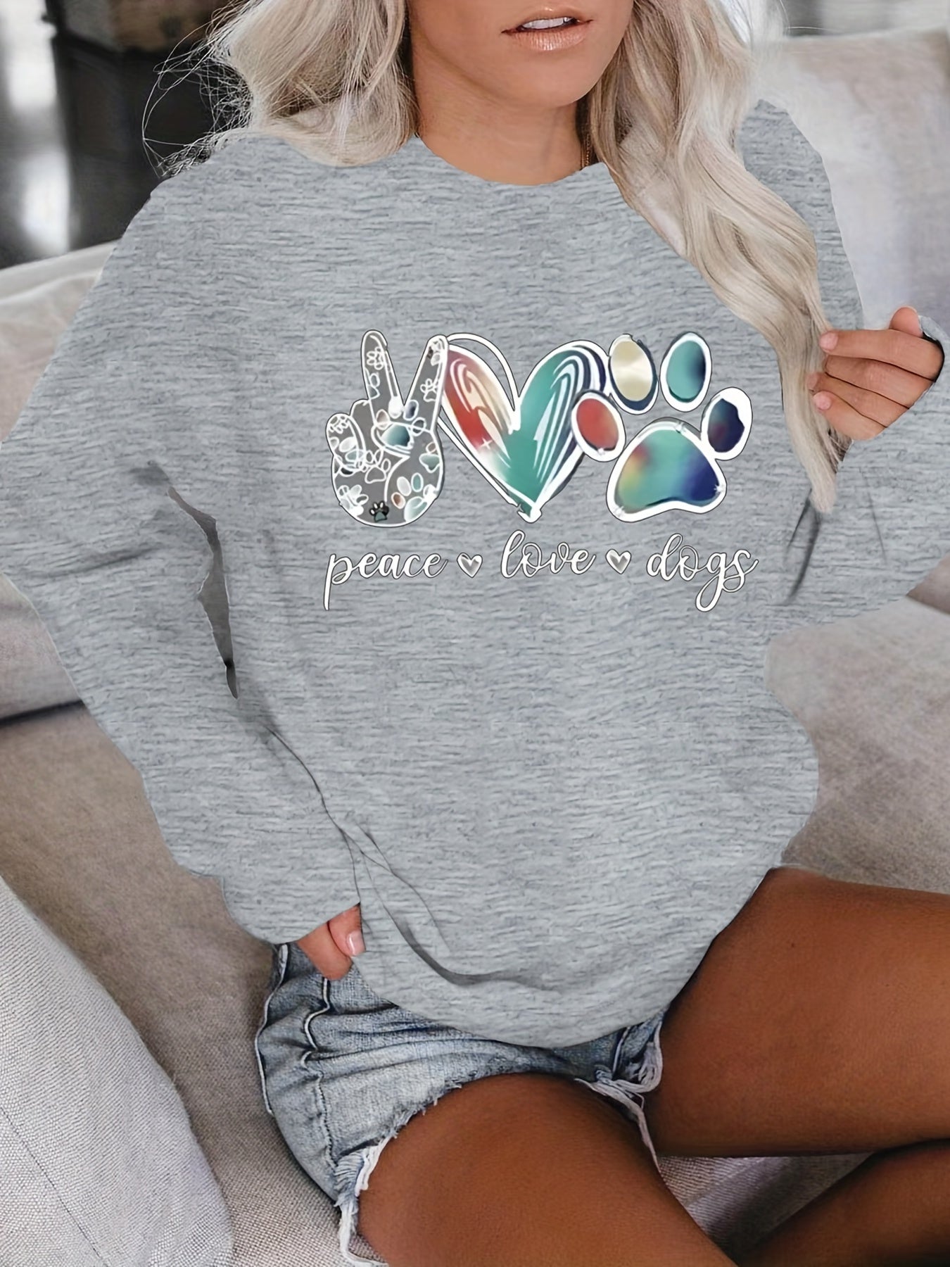 Sixsr Plus Size Casual Sweatshirt, Women's Plus Art Letter & Heart & Paw & Hand Print Long Sleeve Round Neck Slight Stretch Sweatshirt