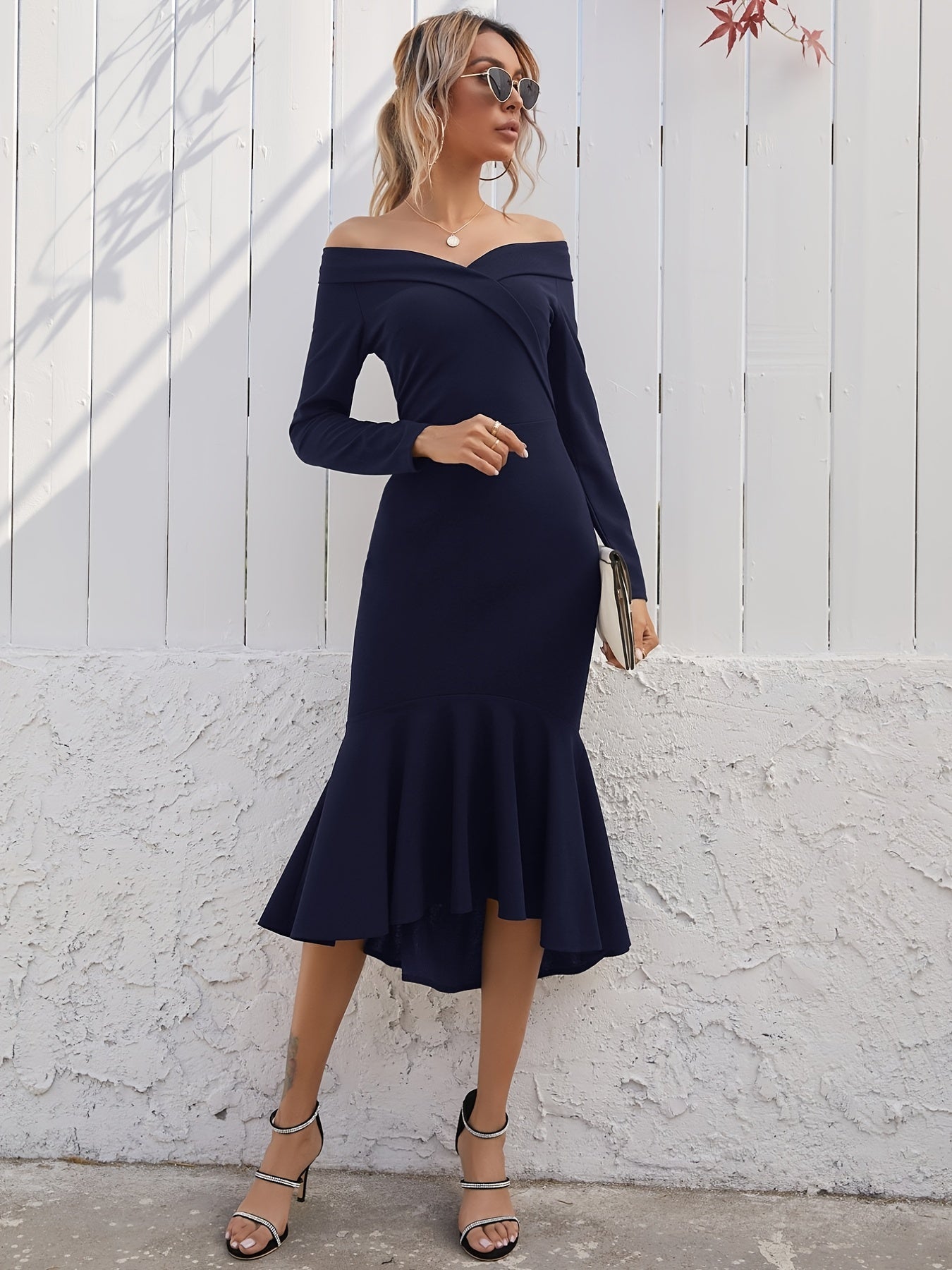 Sixsr Ruffle Hem Off Shoulder Dress, Elegant Long Sleeve Solid Dress, Women's Clothing