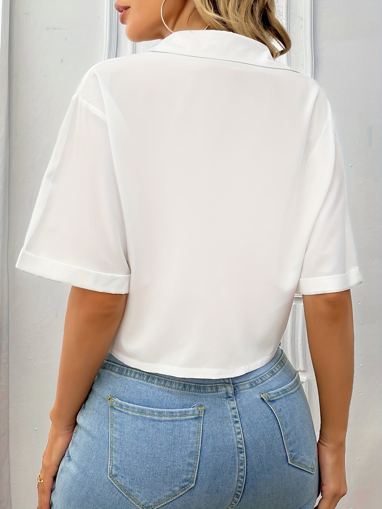 Sixsr Solid Cropped Shirt, Casual Button Front Drop Shoulder Short Sleeve Shirt With A Collar, Women's Clothing