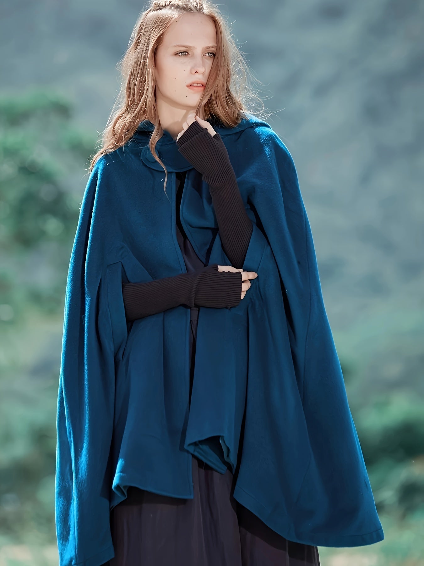 Sixsr Plus Size Elegant Coat, Women's Plus Solid Split Cape Sleeve Button Detail Hooded Shawl Coat