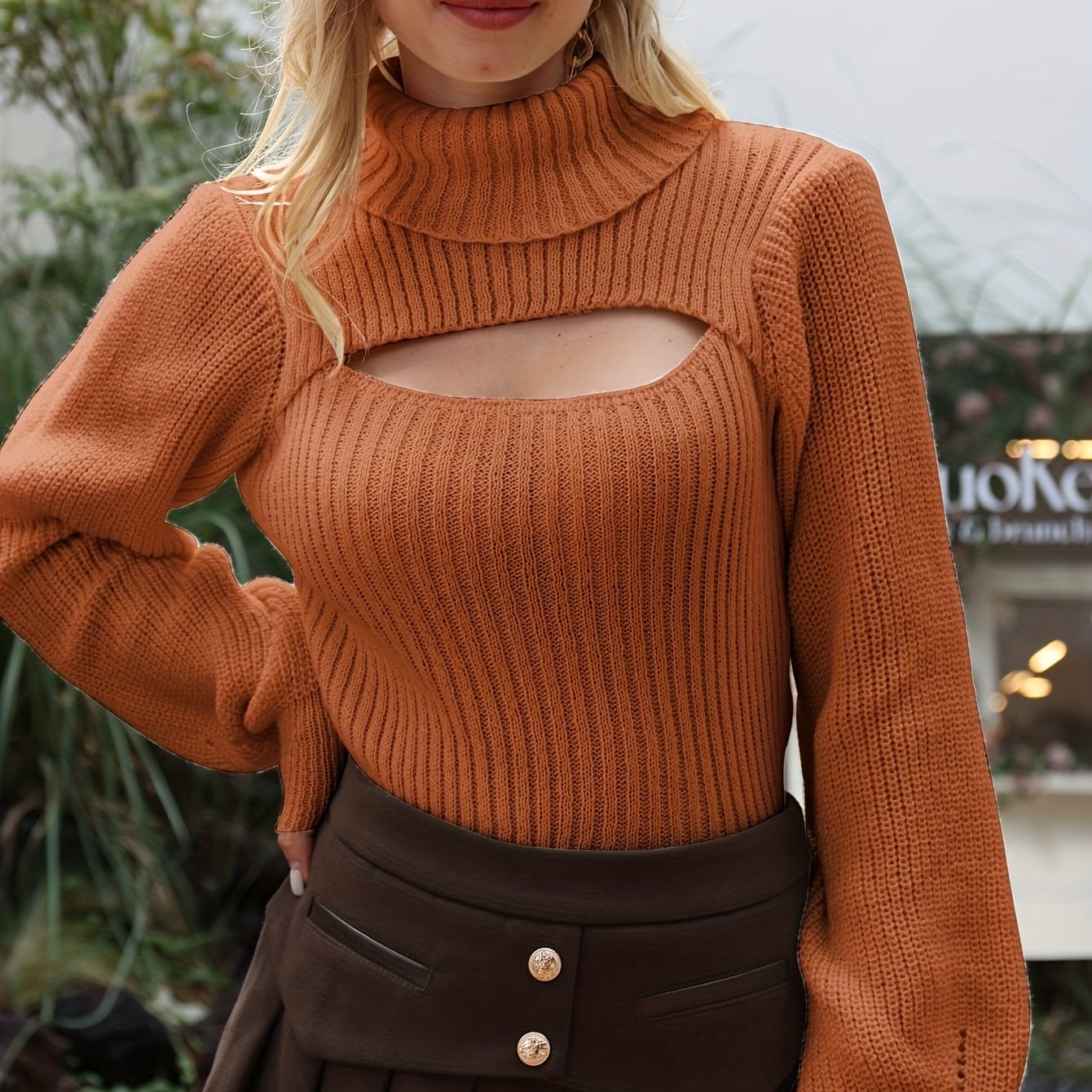 Sixsr Sexy High Neck Sweater, Long Sleeve Sexy Cut Out Casual Sweater For Spring & Fall, Women's Clothing
