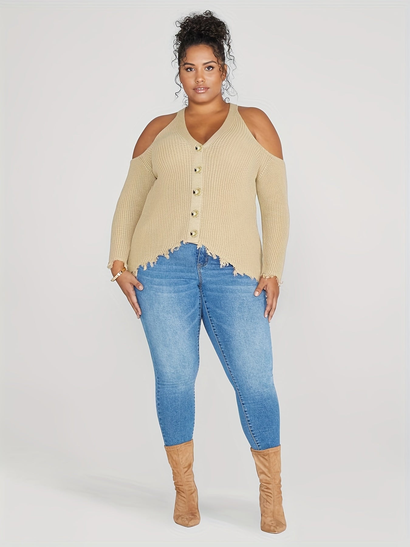 Sixsr Plus Size Elegant Sweater, Women's Plus Long Sleeve Cold Shoulder Fringe Trim Sweater