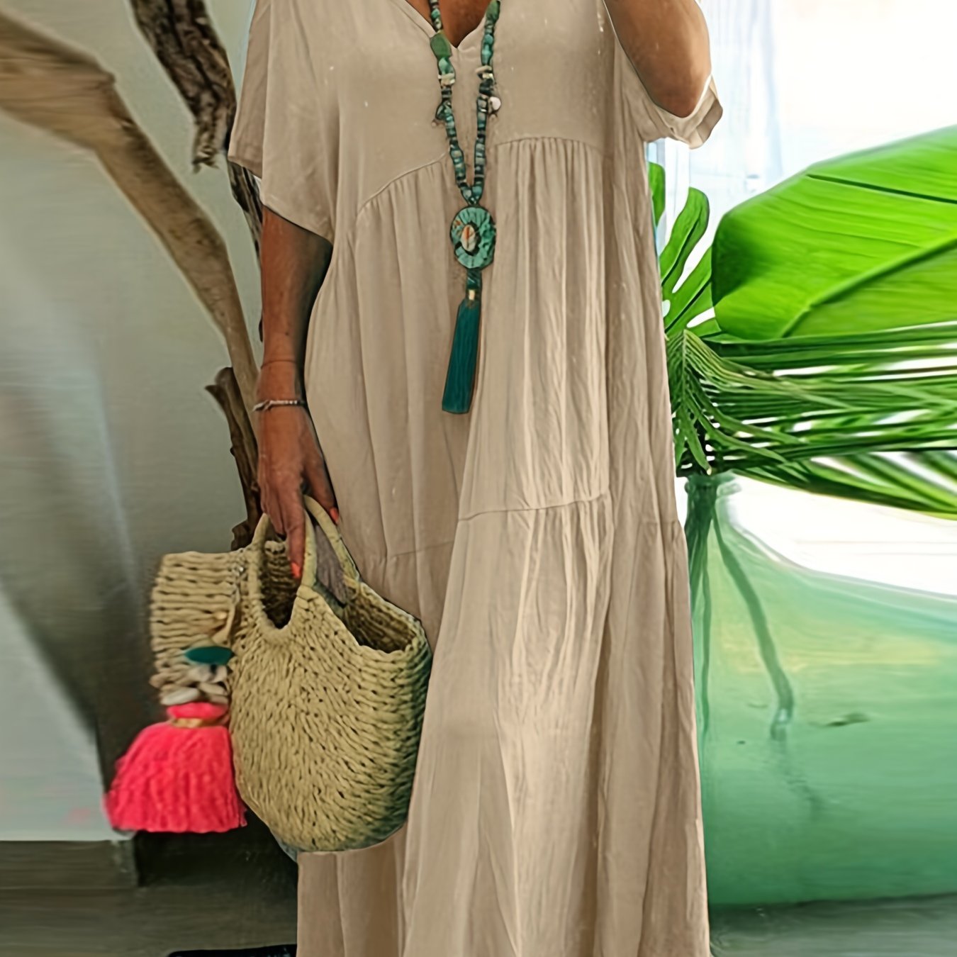 Sixsr Plus Size Casual Dress, Women's Plus Solid V Neck Short Sleeve Ruffle Trim Smock Dress