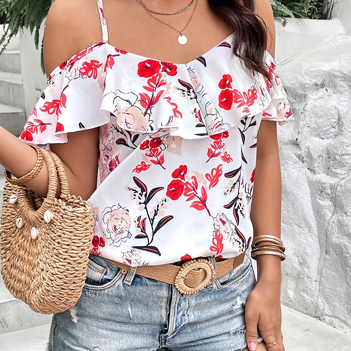 Sixsr Boho Floral Print Spaghetti Blouse , Vacation Cold Shoulder Ruffle Trim Summer Tops , Women's Clothing