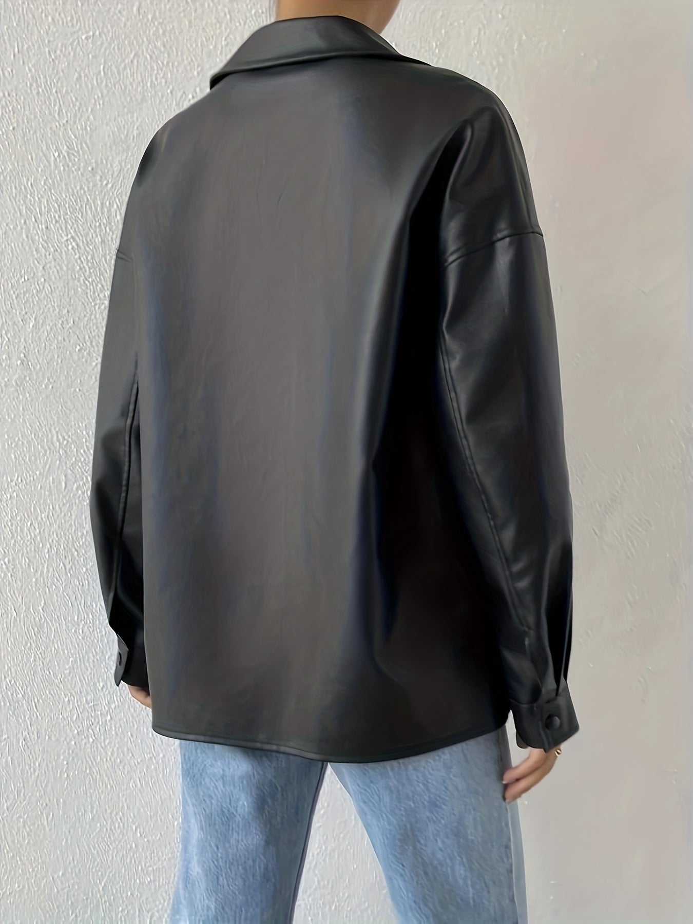 Sixsr Faux Leather Flap Pockets Jacket, Vintage Long Sleeve Drop Shoulder Solid Outwear , Women's Clothing