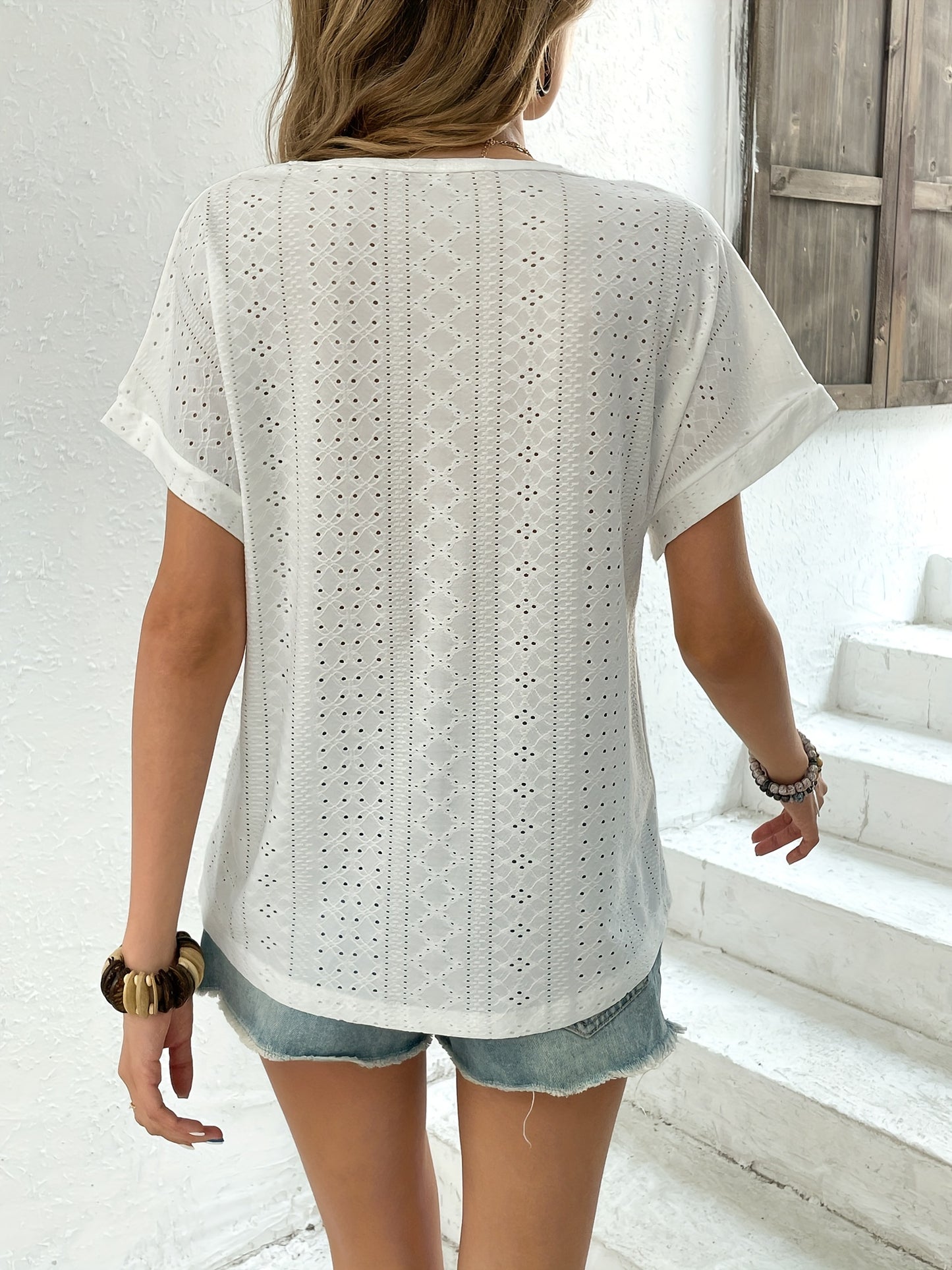 Sixsr Eyelet Embroidered T-Shirt, Short Sleeve Casual Top For Summer & Spring, Women's Clothing