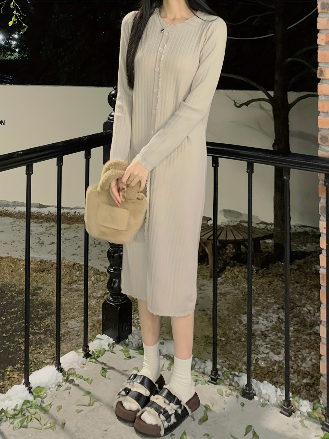 Sixsr Button Front Solid Dress, Elegant Long Sleeve Dress For Spring & Fall, Women's Clothing