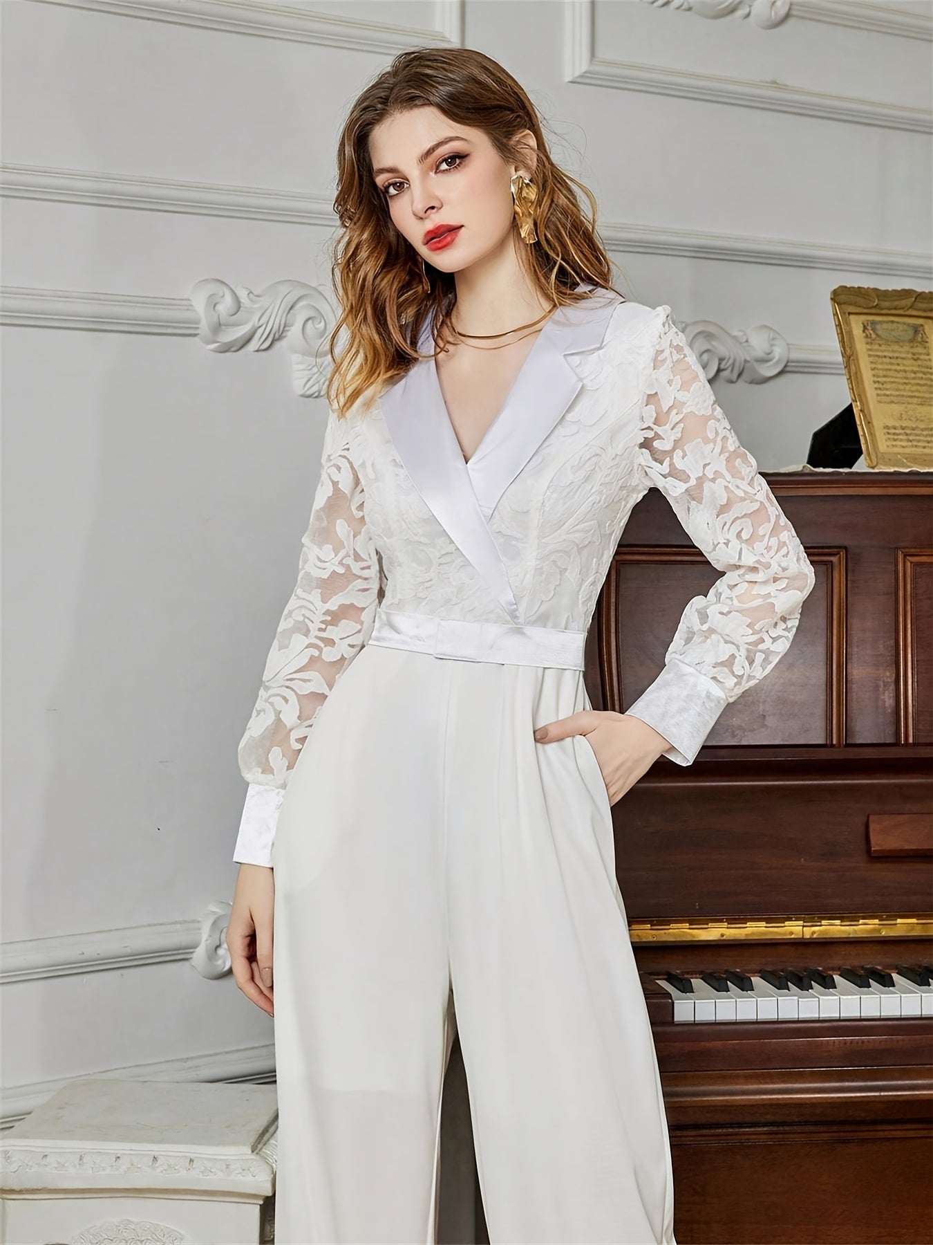 Solid V Neck Lapel Lace Long Sleeve Tie Waist Long Length Jumpsuit, Wide Leg Mature Loose Outdoor Jumpsuit, Women's Clothing