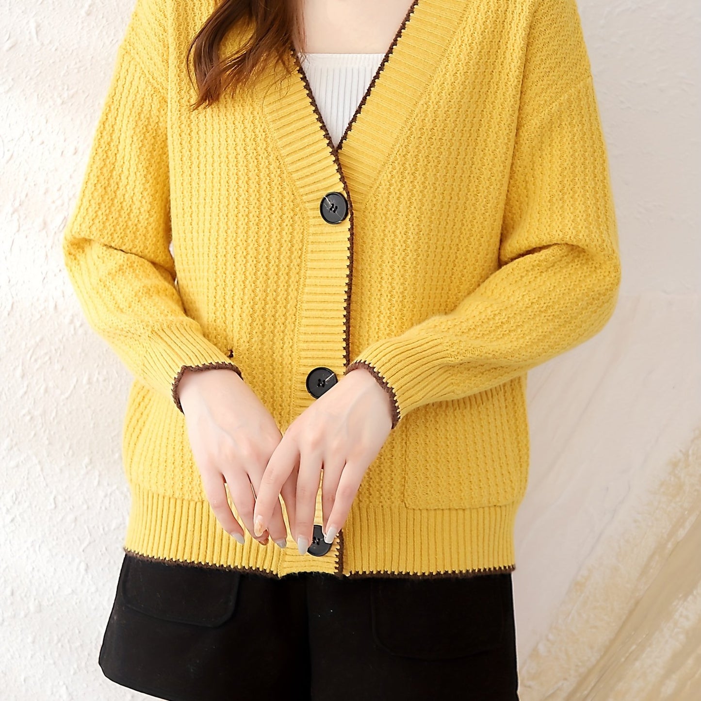 Sixsr V Neck Button Up Rib Knit Cardigan, Elegant Long Sleeve Sweater With Pocket, Women's Clothing