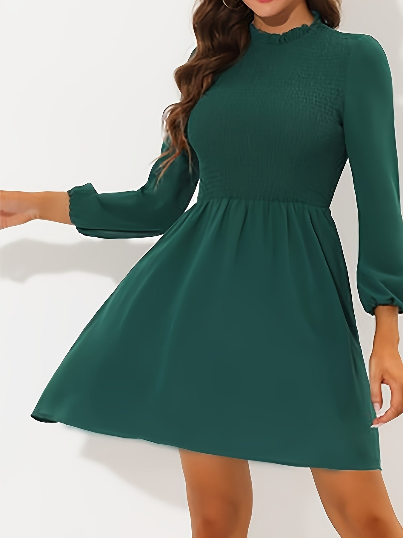 Sixsr Solid A-line Lantern Sleeve Dress, Casual Ruffle Trim Round Neck Dress For Spring & Fall, Women's Clothing