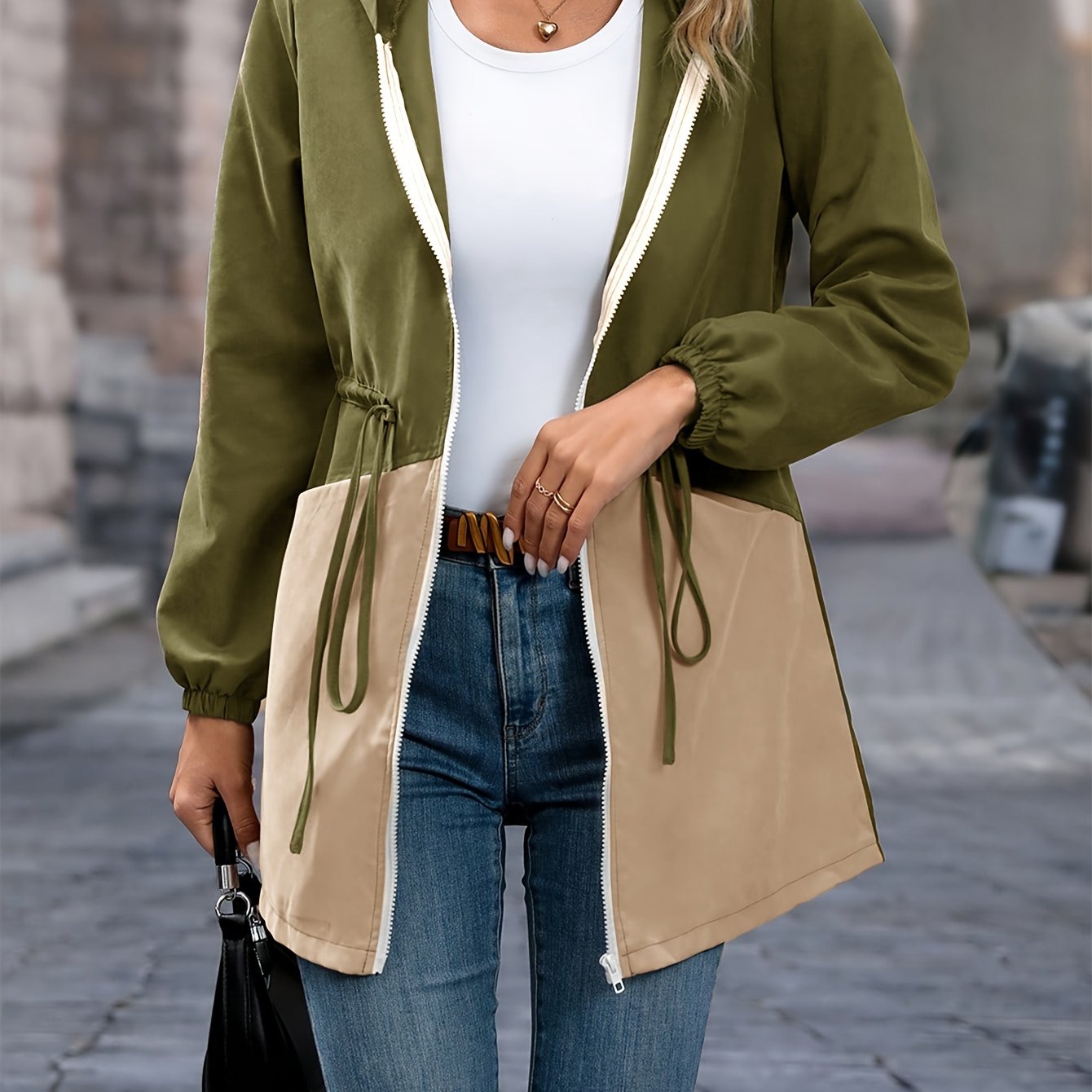 Sixsr Color Block Drawstring Jacket, Elegant Zip Up Hooded Long Sleeve Outerwear, Women's Clothing