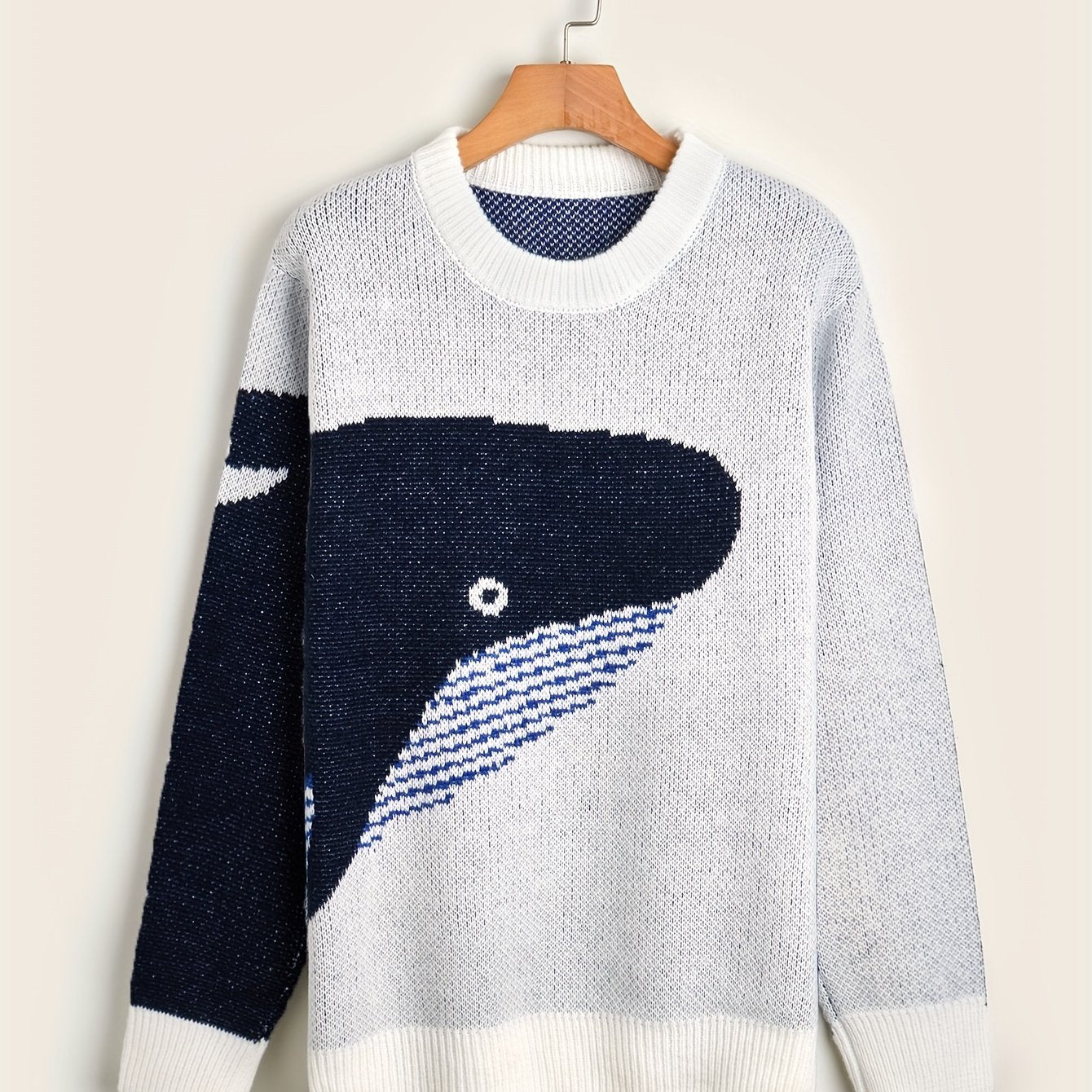 Sixsr Cartoon Whale Print, Loose Fit Warm Sweater, Men's Casual Retro Style Slightly Stretch Crew Neck Pullover Sweater For Fall Winter