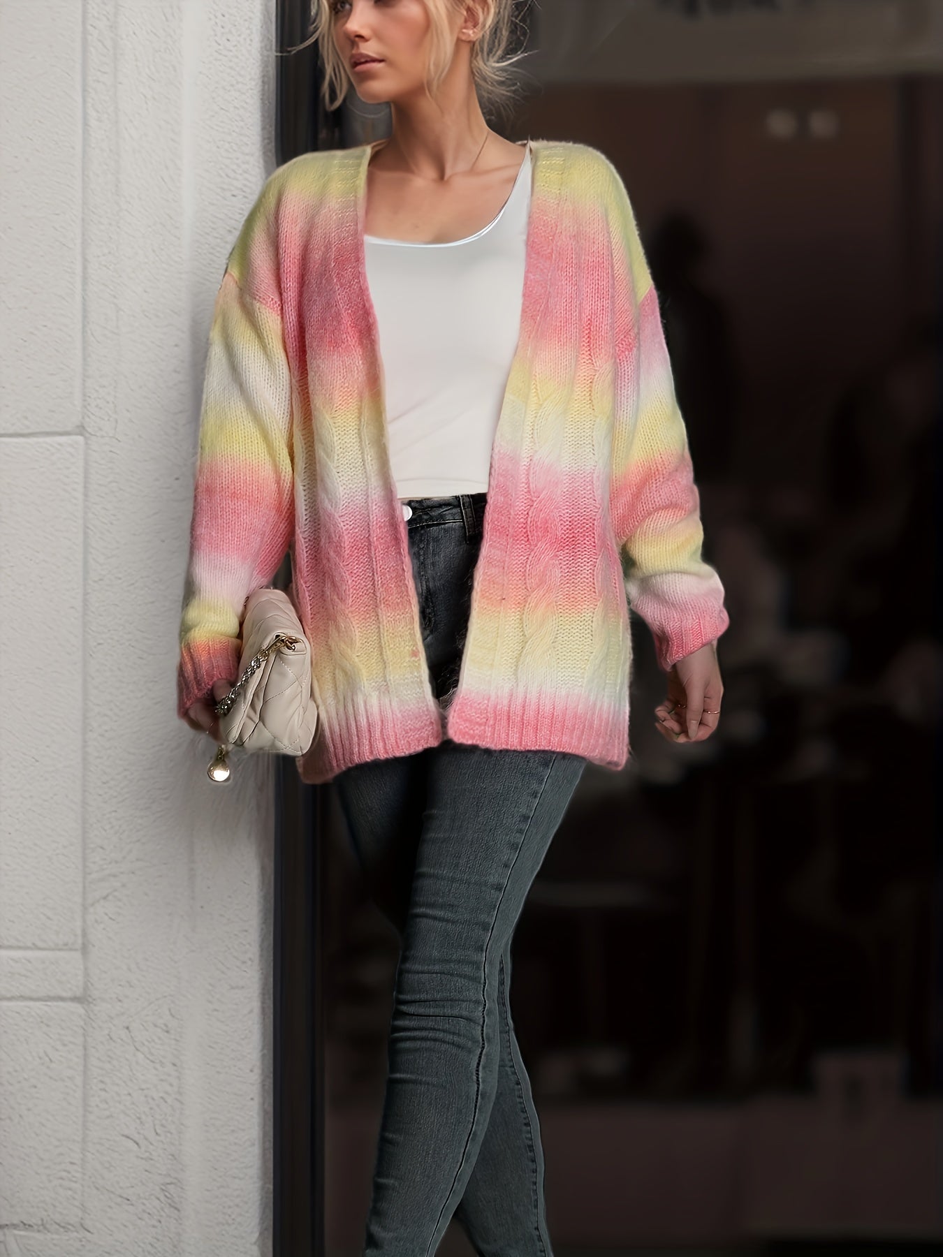 Sixsr Gradient Open Front V Neck Cardigan, Casual Long Sleeve Cardigan For Spring & Fall, Women's Clothing
