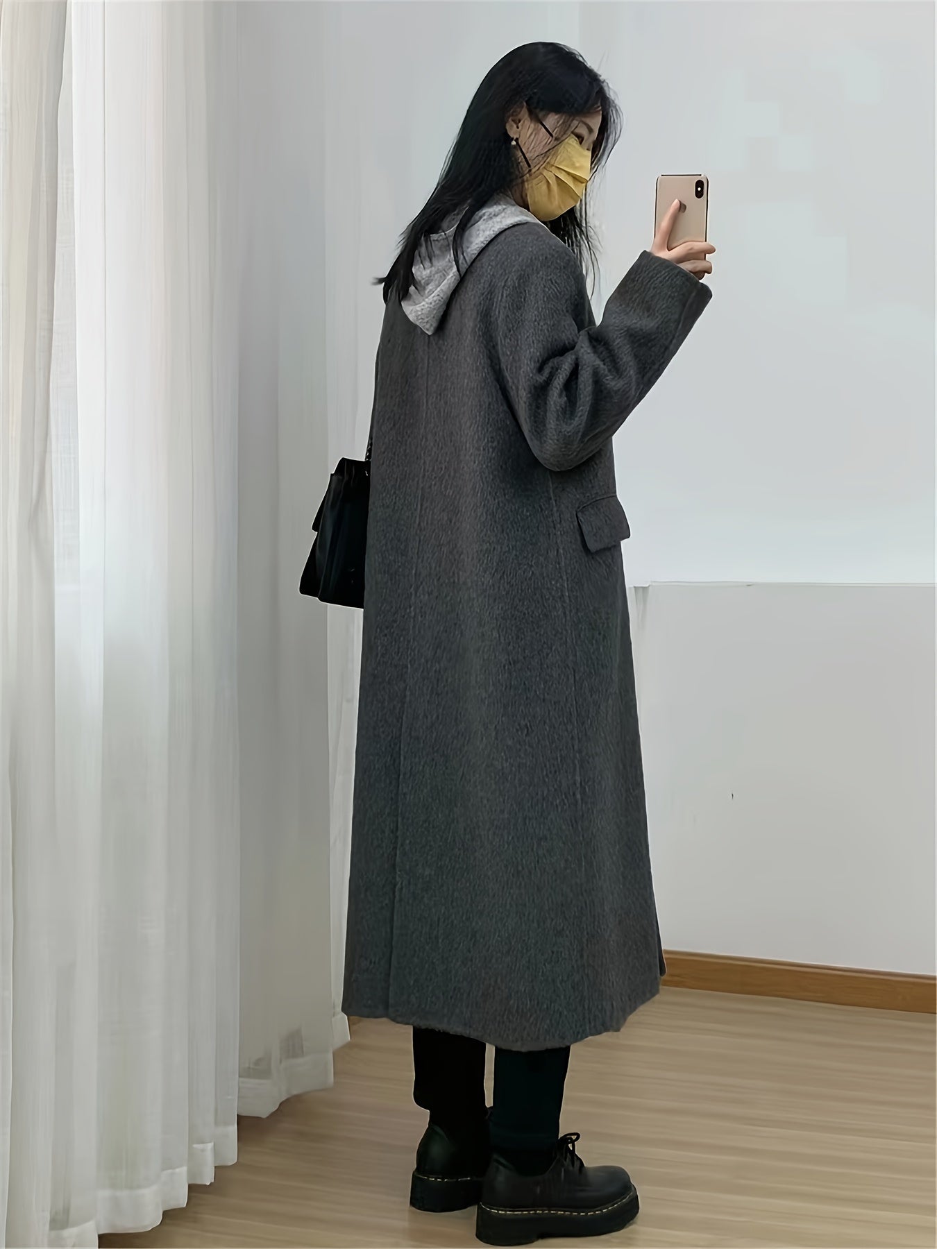 Sixsr Notched Collar Double-breasted Coat, Casual Long Sleeve Midi Overcoat For Fall & Winter, Women's Clothing