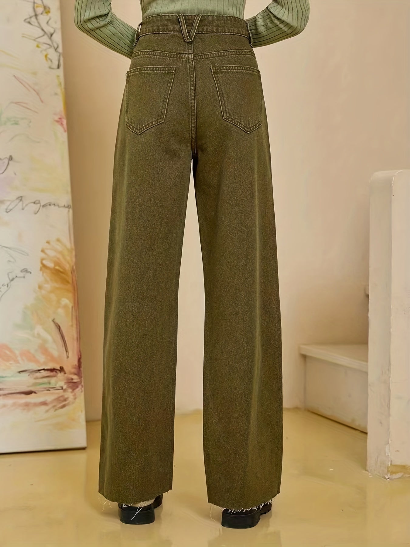Sixsr Olive Green Frayed Hem Jeans, Solid Color Slant Pocket Straight Leg Denim Pants, Women's Denim Jeans & Clothing