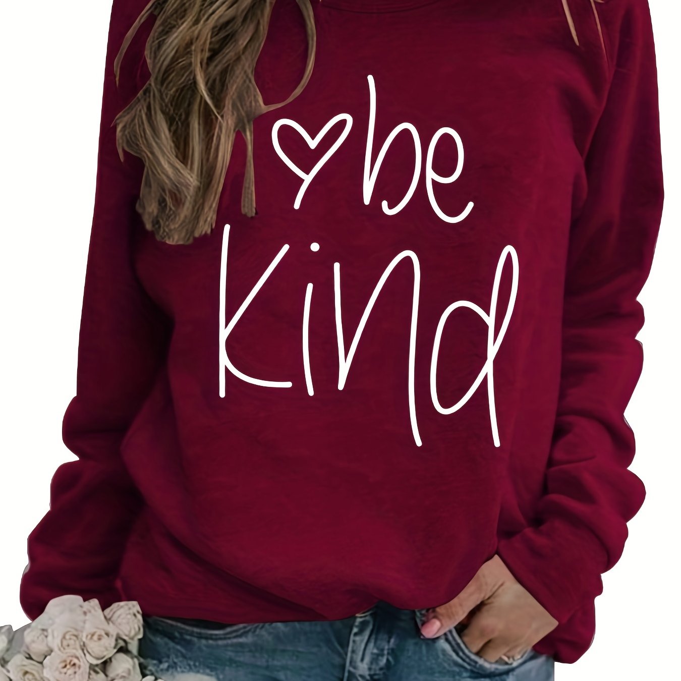 Sixsr Be Kind Letter Print Sweatshirt, Long Sleeve Crew Neck Pullover Sweatshirt, Casual Tops For Fall & Winter, Women's Clothing