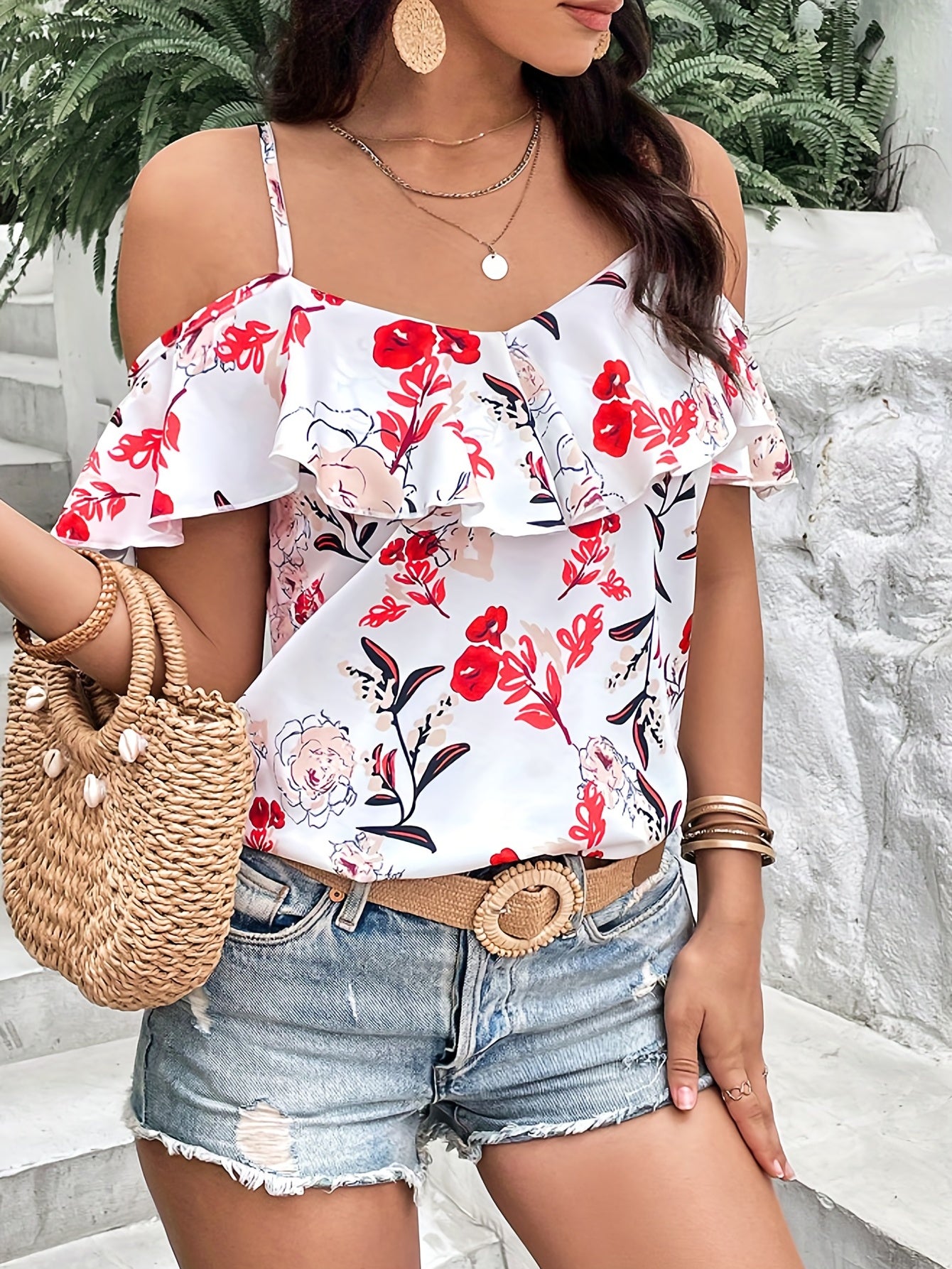 Sixsr Boho Floral Print Spaghetti Blouse , Vacation Cold Shoulder Ruffle Trim Summer Tops , Women's Clothing