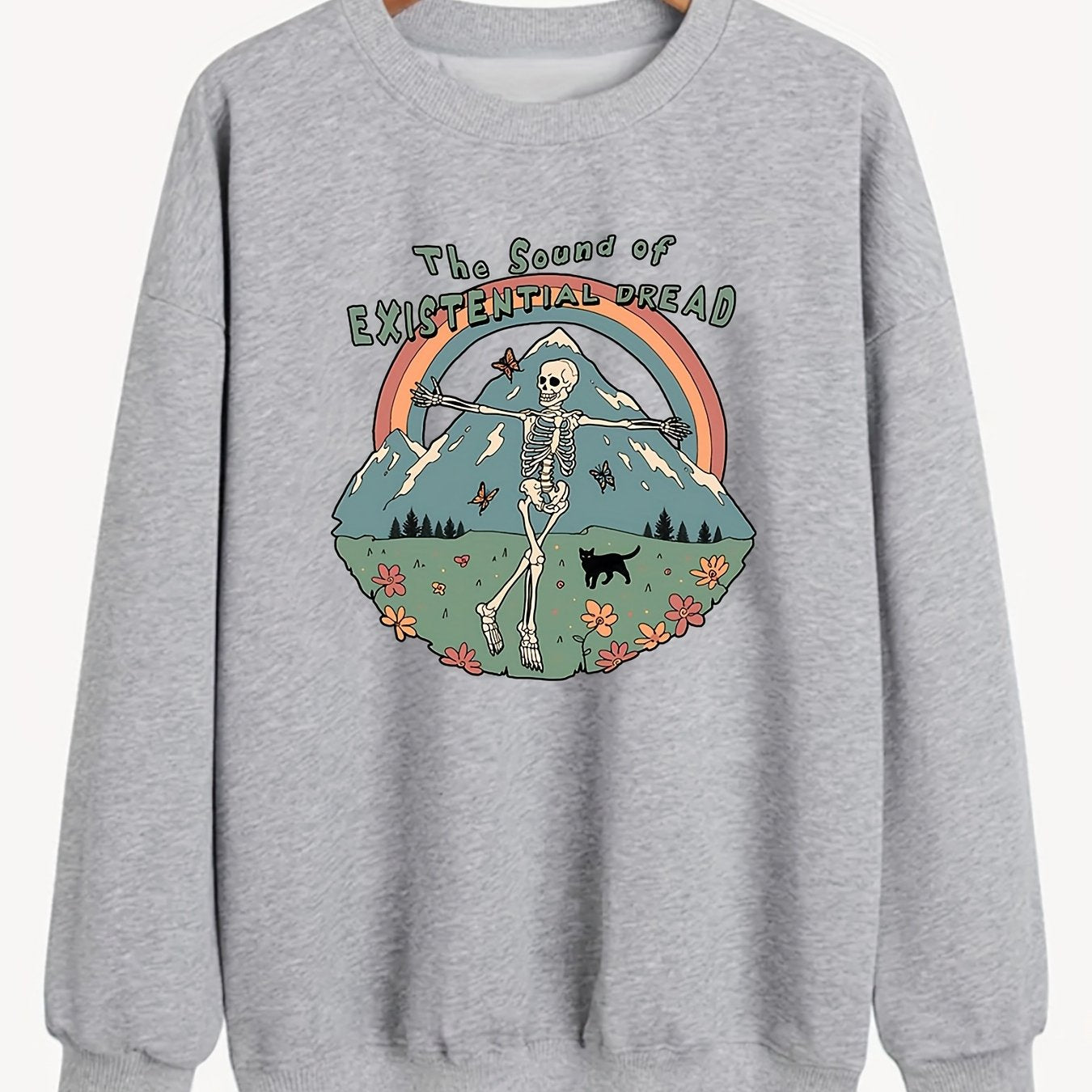 Sixsr Plus Size Halloween Sweatshirt, Women's Plus Skull & Rainbow & Letter Print Long Sleeve Round Neck Sweatshirt