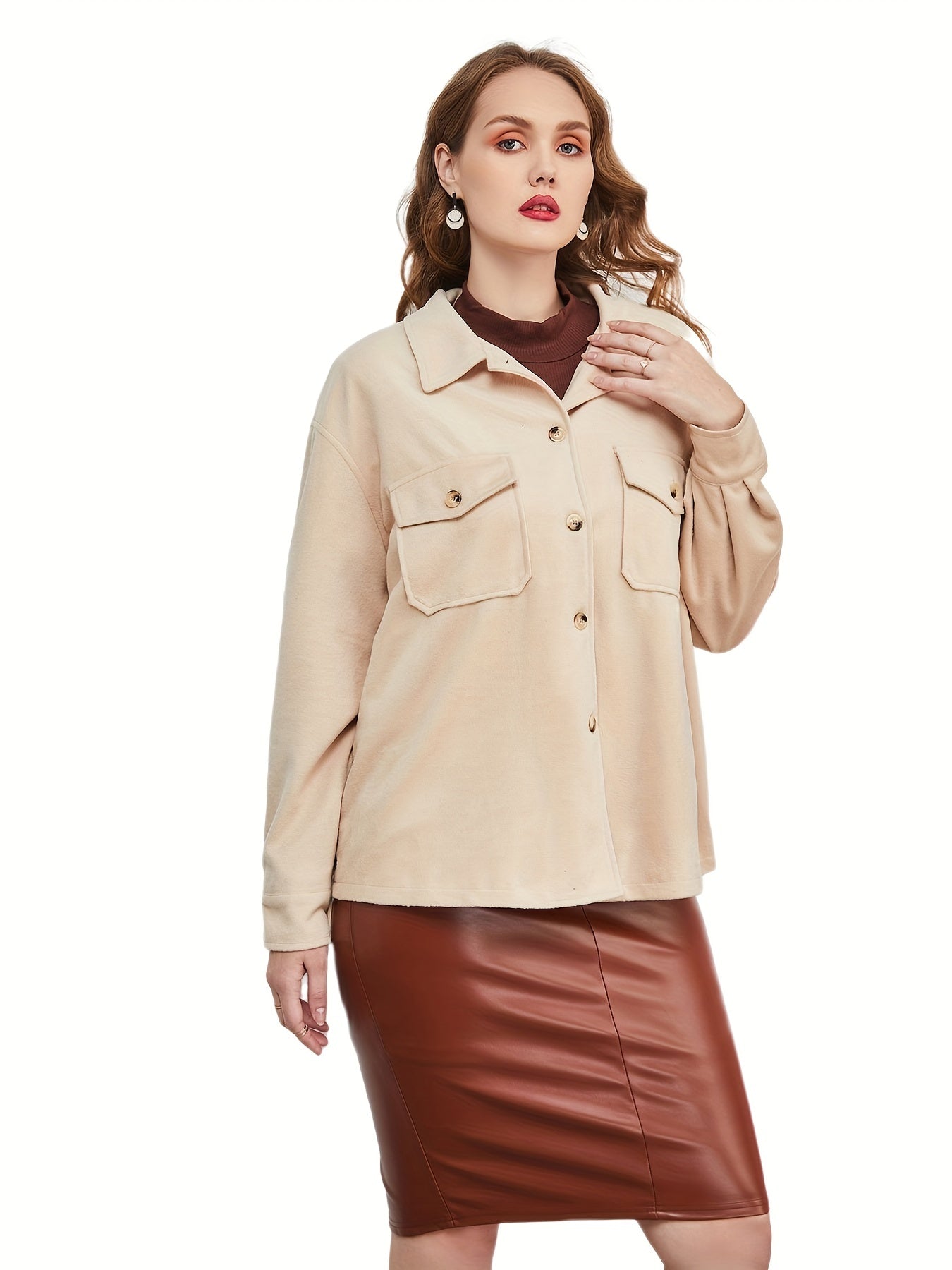 Sixsr Plus Size Casual Coat, Women's Plus Solid Button Up Side Pocket Collared Long Sleeve Coat