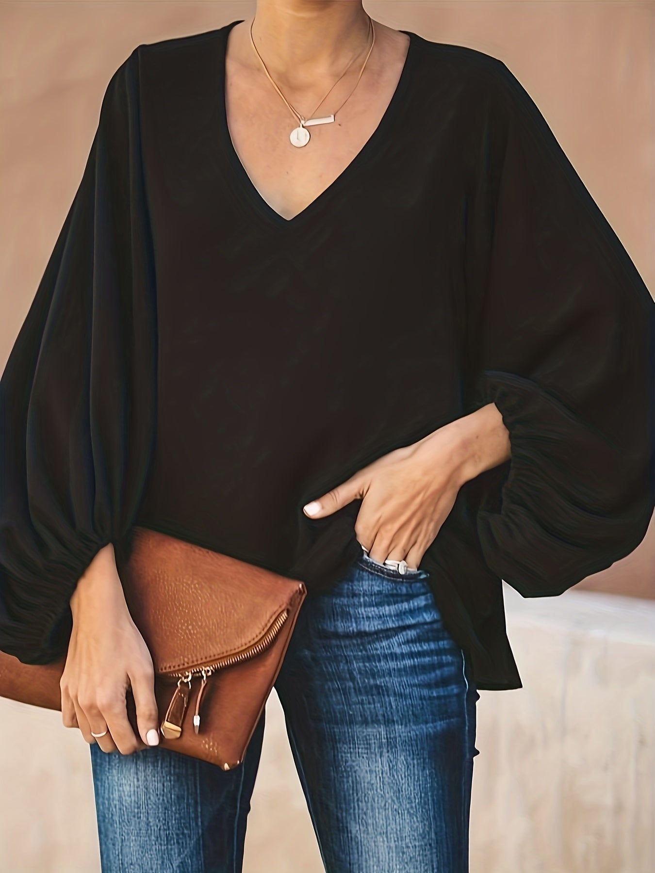 Sixsr Plus Size Casual Top, Women's Plus Solid Lantern Sleeve V Neck Non-stretch Loose Fit Top