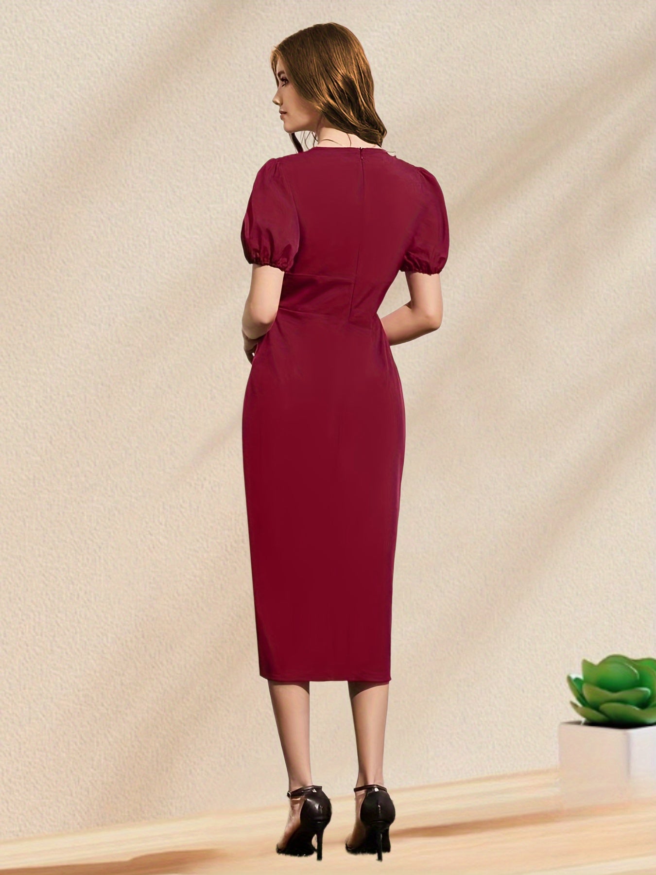 Sixsr Puff Sleeve Split V Neck Dress, Elegant Short Sleeve Dress For Spring & Summer, Women's Clothing