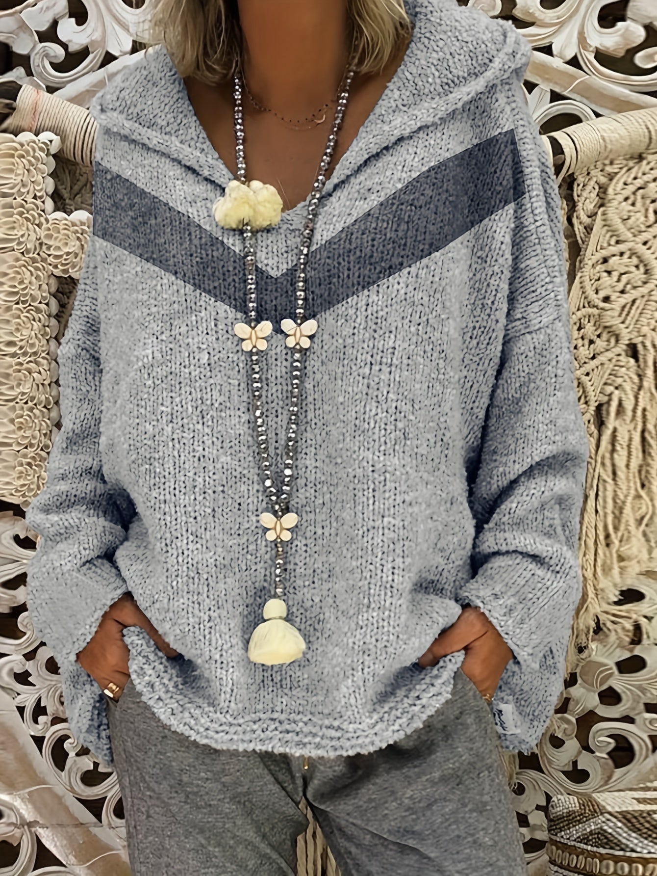 Sixsr Plus Size Casual Sweater, Women's Plus Colorblock Stripe Print Long Sleeve Hooded Jumper