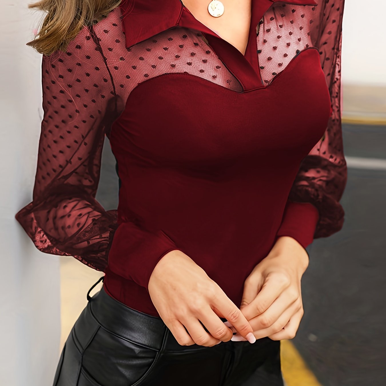 Sixsr Solid Sheer Contrast Blouse, Casual Collar Long Sleeve Slim Blouse, Women's Clothing