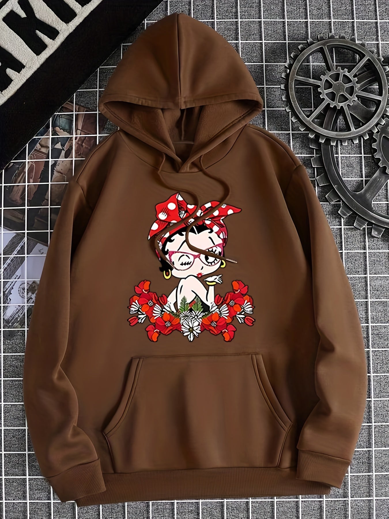 Sixsr Plus Size Casual Sweatshirt, Women's Plus Cute Lady & Floral Print Long Sleeve Drawstring Hooded Pullover Sweatshirt With Kangaroo Pockets, Casual Tops For Fall & Winter, Plus Size Women's Clothing