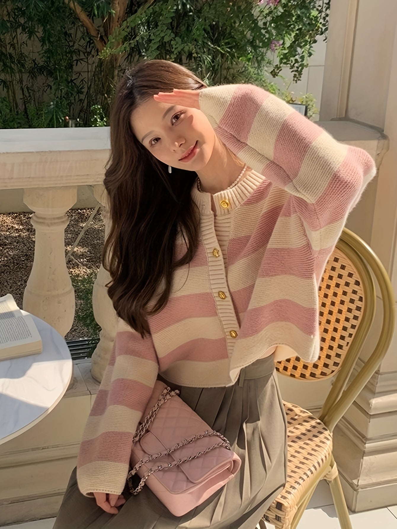 Sixsr Striped Button Front Cardigan, Casual Long Sleeve Knitted Cardigan, Women's Clothing