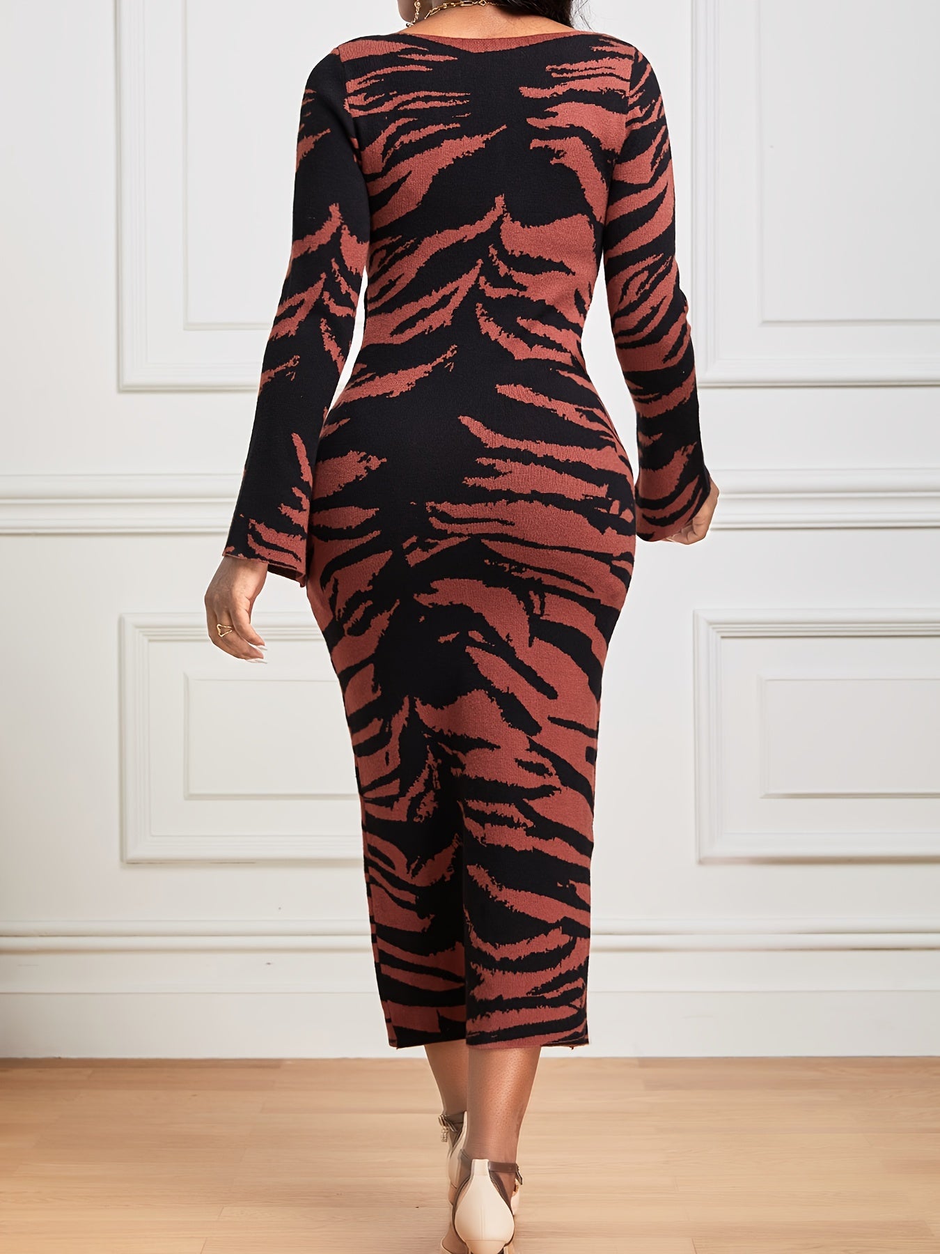 Sixsr Allover Print Crew Neck Bodycon Dress, Elegant Long Sleeve Midi Dress, Women's Clothing