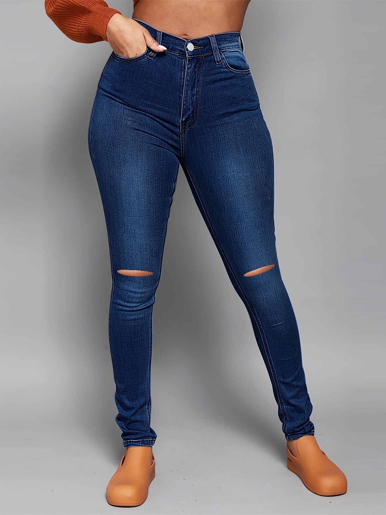 Sixsr High Rise Ripped Skinny Jeans, High Waist Curvy Distressed Long Stacked Hem Denim Pants, Women's Denim & Clothing