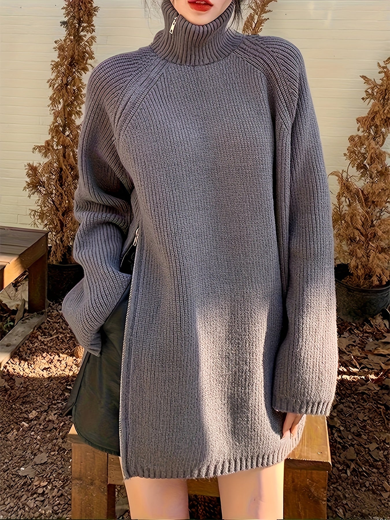 Sixsr Solid Zip Up Oversized Pullover Sweater, Casual Turtle Neck Long Sleeve Sweater, Women's Clothing