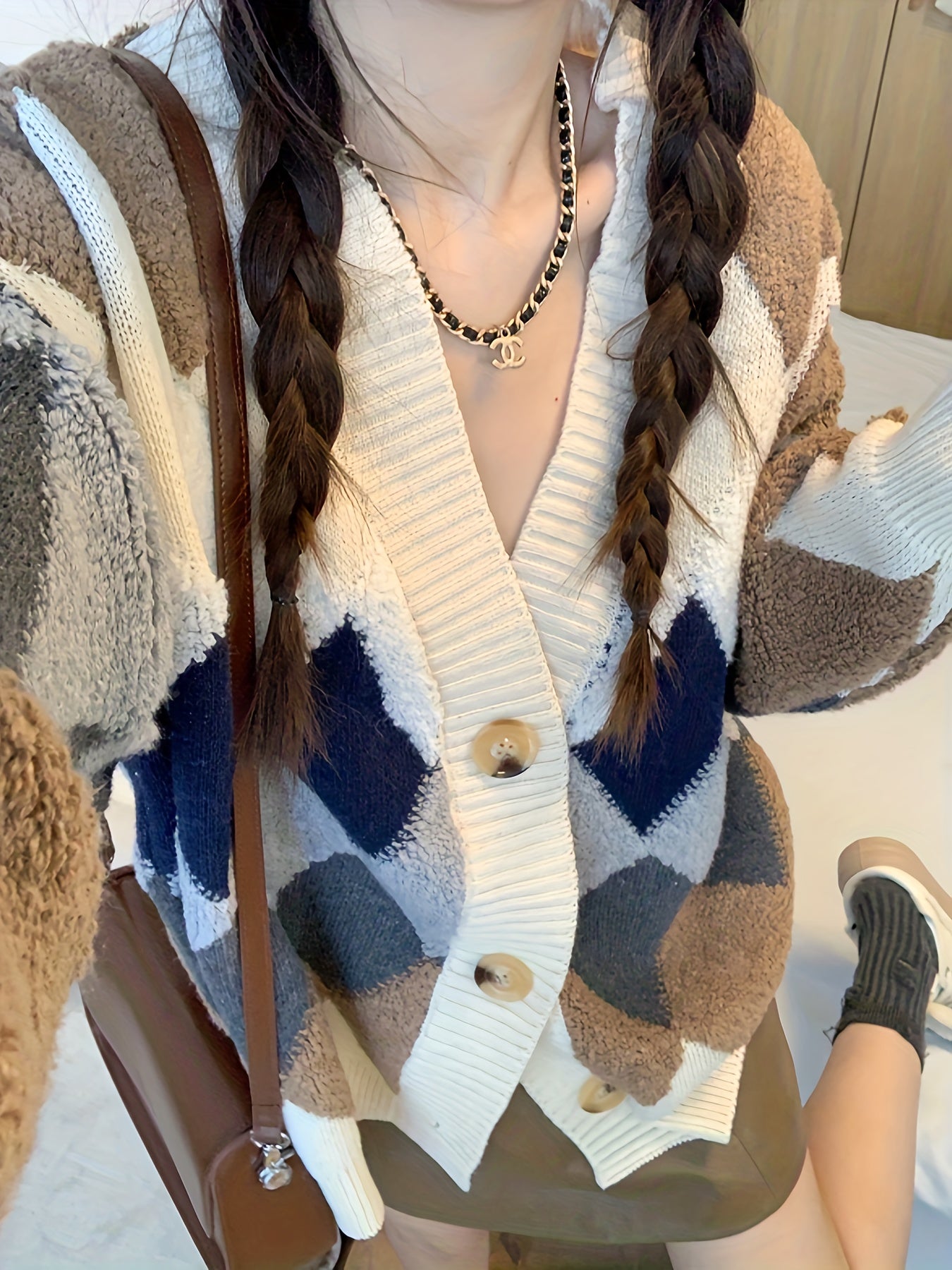 Sixsr Plaid Button Down Knit Cardigan, Casual Long Sleeve Thick Sweater Coat, Women's Clothing