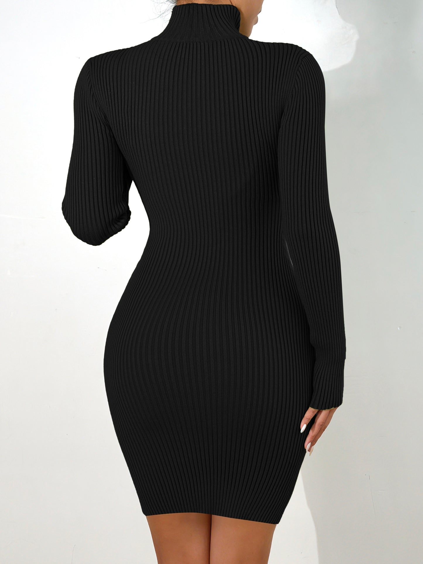 Sixsr Solid Rib Knit Sweater Dress, Sexy High Neck Zipper Cut Out Slim Dress, Women's Clothing