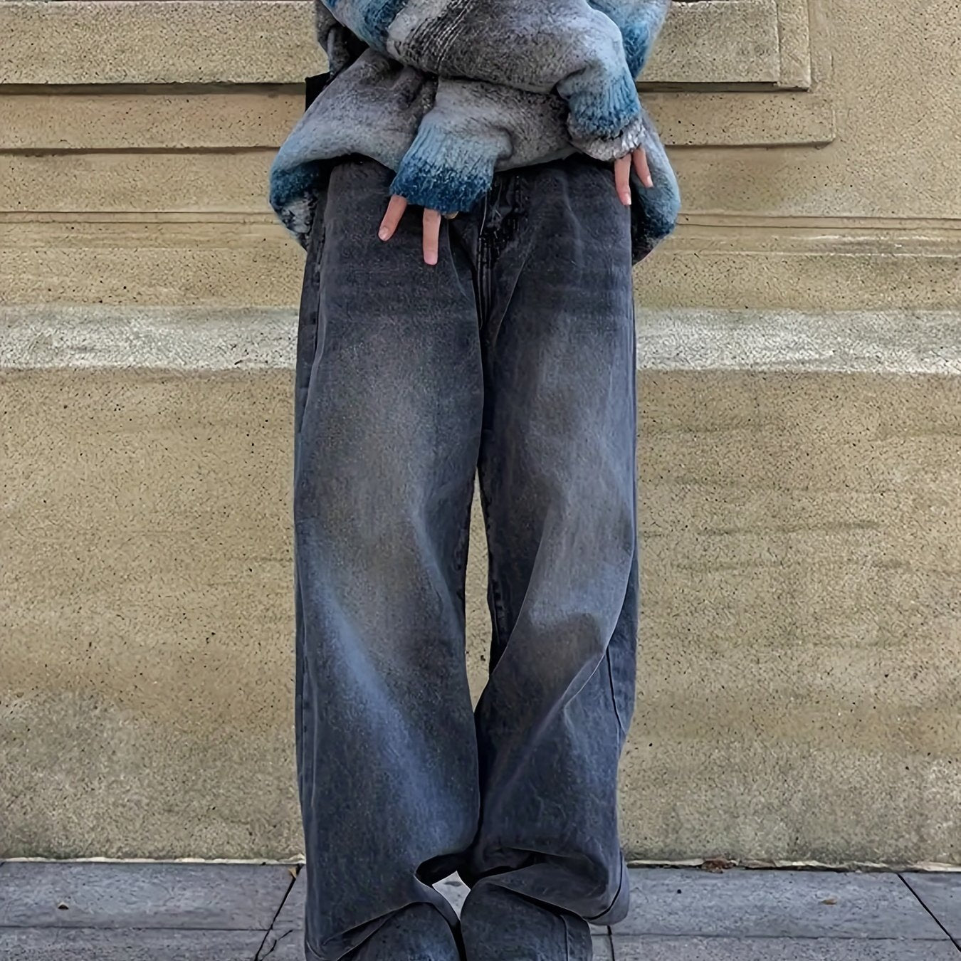 Sixsr Elastic Waist Washed Baggy Jeans, Loose Fit Washed Wide Legs Jeans, Women's Denim Jeans & Clothing