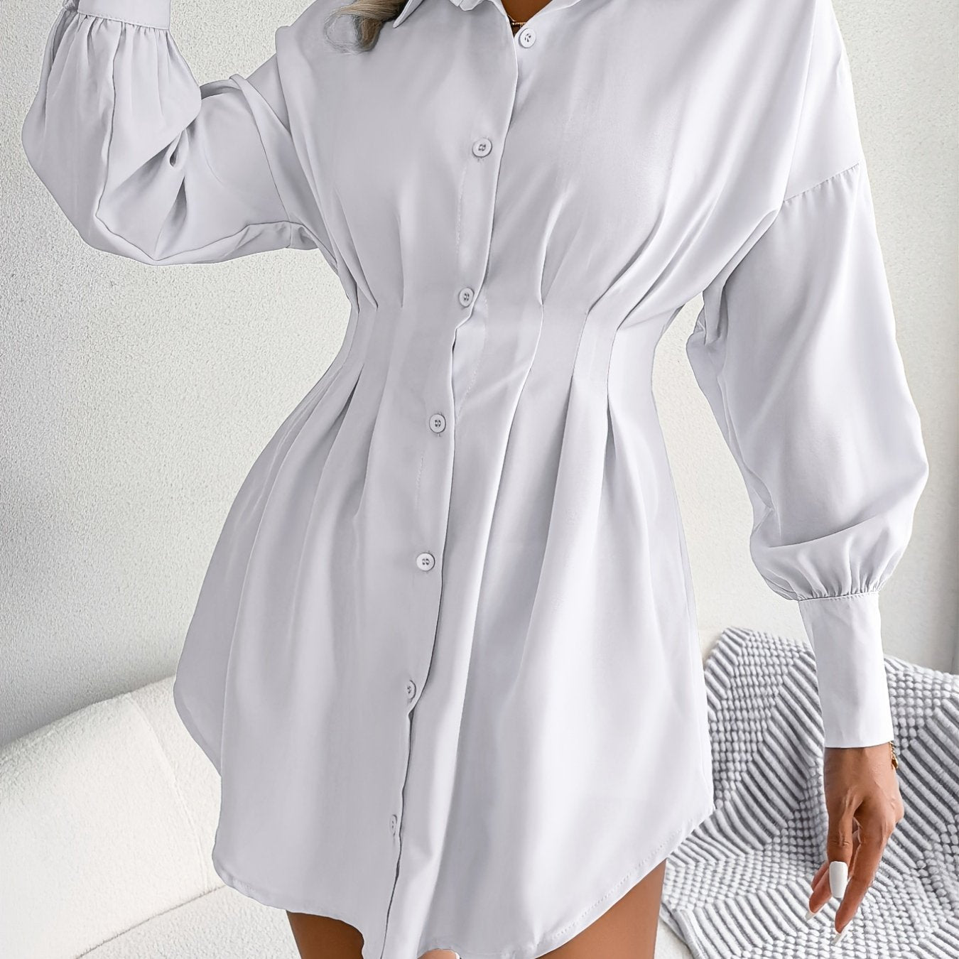 Sixsr Lantern Sleeve Pleated Waist Dress, Casual Shirt Dress For Spring & Fall, Women's Clothing