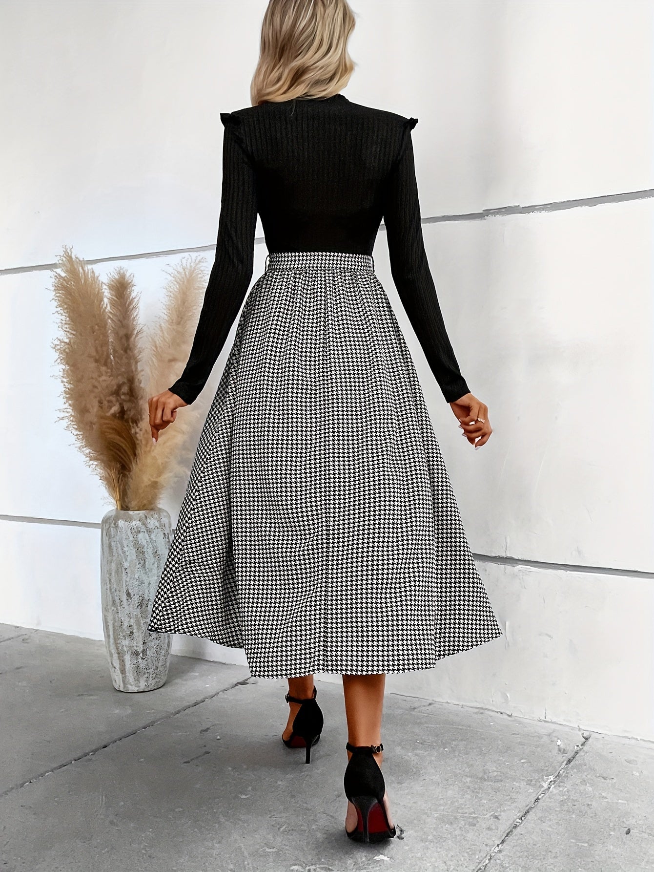 Sixsr Houndstooth Print Splicing Dress, Elegant Mock Neck Long Sleeve Dress, Women's Clothing
