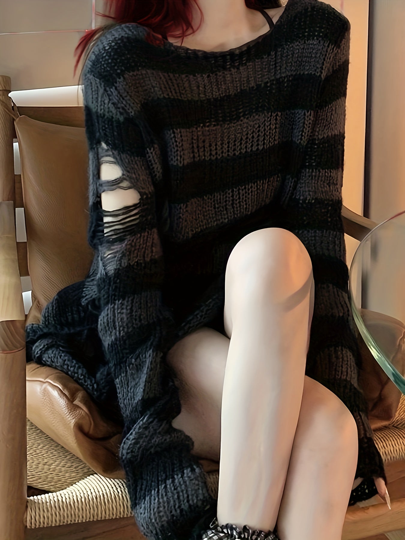 Sixsr Oversized Color Block Ripped Sweater, Casual Long Sleeve Sweater For Spring & Fall, Women's Clothing