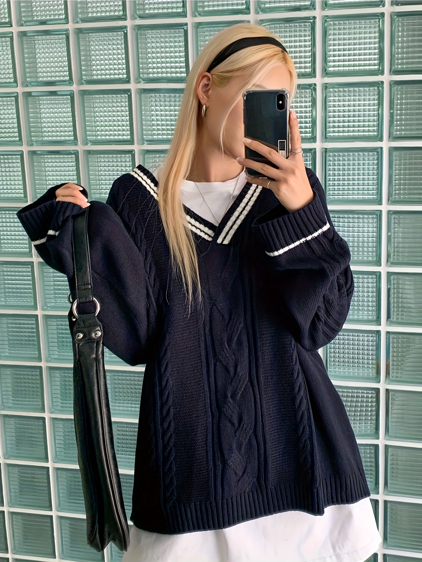 Sixsr Twist V Neck Knitted Pullover Sweater, Casual Long Sleeve Color Block Sweater For Fall & Winter, Women's Clothing