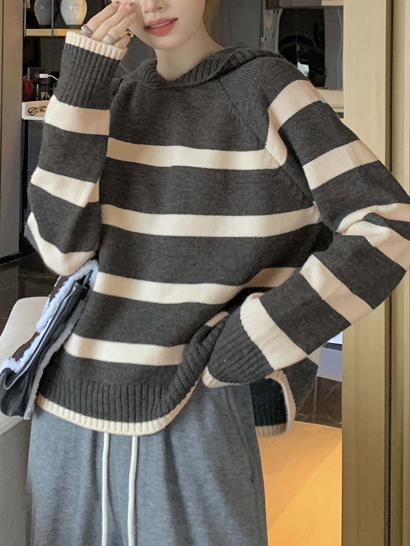 Sixsr Striped Pattern Hooded Sweater, Casual Long Sleeve Sweater For Fall & Winter, Women's Clothing